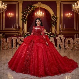 Xs310 Stunning <b>Red</b> Modern Quinceanera Ball Gown Sweetheart Lace Beaded Long Sleeve <b>Glitter</b> Tulle Chapel Train Formal Party - Product Image 1