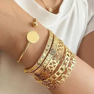 Золотой браслет, 14k позолоченный многослойный Набор браслетов-манжетов, модные богемные украшения с минималистичной текстурой