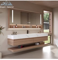 Meuble-lavabo double vasque de luxe avec plateau en pierre frittée certifié CE et corps en bois massif imperméable de qualité E1