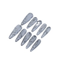 Vente en gros de faux ongles en acrylique français en amande, faits à la main, noirs et gris, à motif serpent métallique, réutilisables, emballage personnalisé, OEM ODM