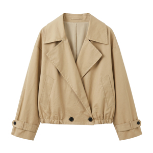Anjie Custom Logo OEM ODM <strong>Womens</strong> Cropped <strong>Trench</strong> Jacket Private Label Oversized Khaki Cotton Double Breasted Short <strong>Coat</strong> Wholesale - Product Image 1
