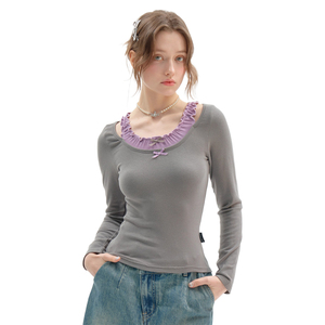 Camiseta de <span class=keywords><strong>moda</strong></span> para <span class=keywords><strong>mujer</strong></span>, cuello cuadrado, lazo Delgado, coqueta, diseño sin espalda, ropa de punto para otoño, flaco sólido - Product Image 1