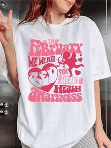 T-shirt per la consapevolezza sulla salute del cuore, da donna, a maniche corte, girocollo, casual, in cotone, stampata, per la prevenzione delle malattie cardiache a febbraio - Product Image 3