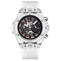 Reloj de Pulsera Cronógrafo con Esfera Hueca Transparente, Caja de Aleación Plateada, Correa de Silicona Blanca, Esfera Grande, Luminoso, Resistente al Agua, Deportivo