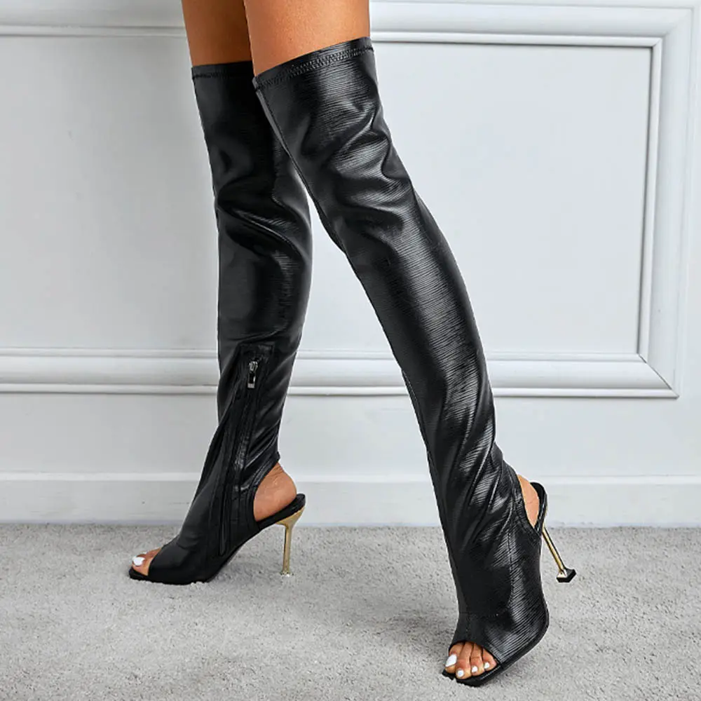 2024 Fashion Pu Leather White Black Metal Zipper Open Toe Sandals Thigh High Street Wear Over The Knee Boots Women