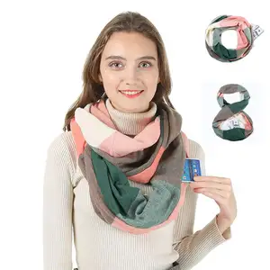 Кашемировый зимний шарф с карманами A1412, теплый клетчатый шейный платок на скрытой молнии с карманами для путешествий