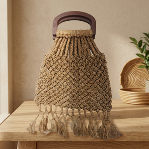 Bolso de mano bohemio de yute tejido con asa de madera, diseño hueco y decoración de borlas para la playa, uso diario, bolso de mujer - Product Image 5