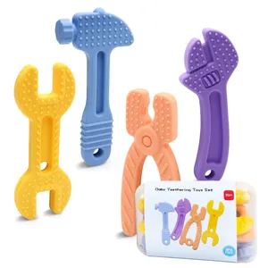 4 पैक हथौड़ा और रिंच आकार शुरुआती खिलौने उपहार सेट BPA मुक्त खाद्य ग्रेड सिलिकॉन बच्चे Teether