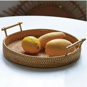 Round Rattan Bread Basket Woven Serving Tray with Handles