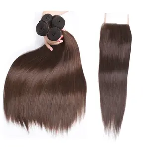 Double Weft Natural Dark Chocolate Brown Color #4 Brazilian Virgin Human Hair Closure With Bundles, Brown Color Straight Hairs