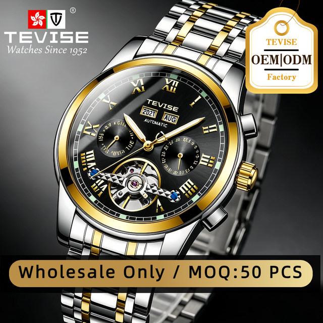TEVISE Custom Wholesale Men's Automatic Mechanical Watch with Tourbillon Movement CE RoHS