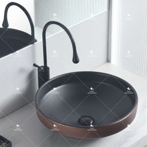 Lavabo de Diseño Creativo Yeson, Redondo, de Porcelana con Efecto Mármol Negro y Dorado, Lavamanos de Cerámica para Baño, Lavabo Artístico para Encimera - Product Image 3