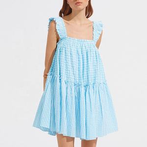 Robe Mini smock en coton à rayures et encolure carrée, tenue de luxe pour femmes, longueur moyenne, bleu marine, épissure <span class=keywords><strong>Aqua</strong></span> et blanc - Product Image 4