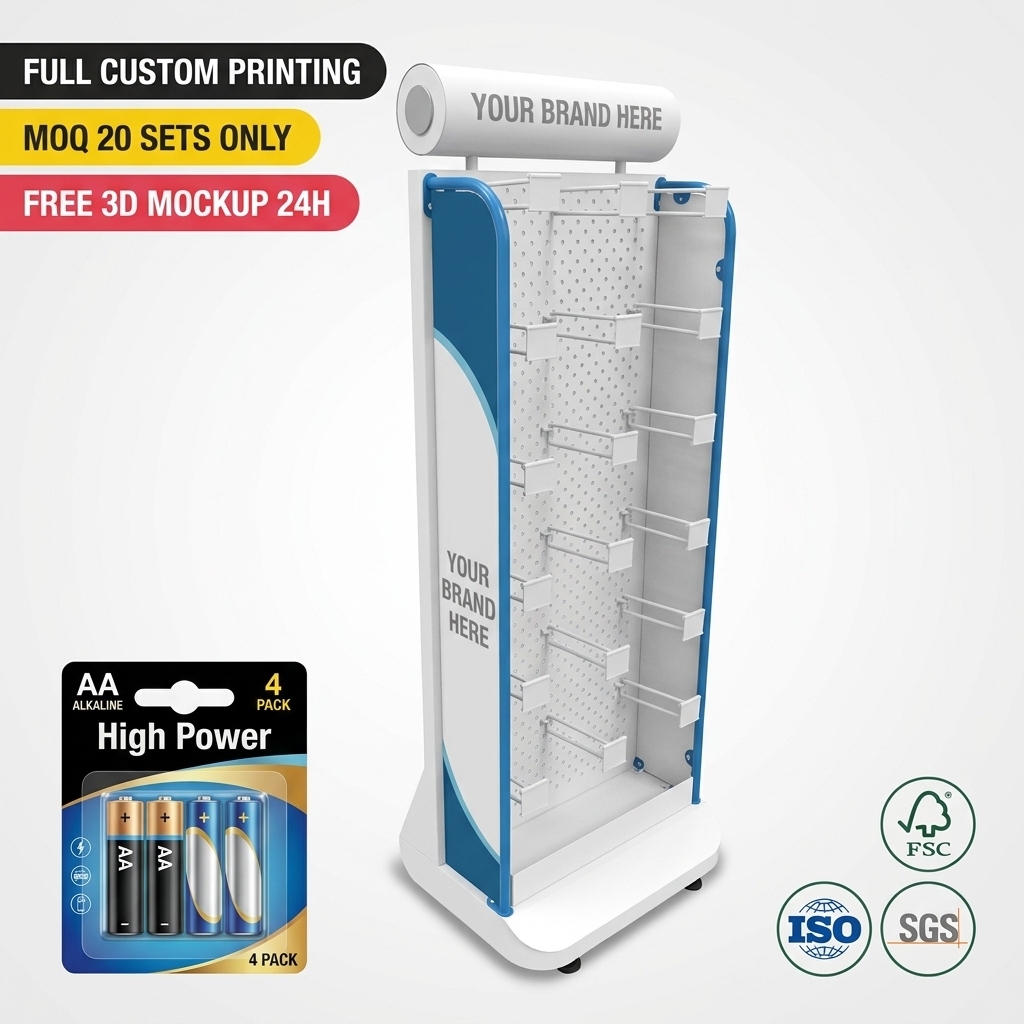 Custom Metal Battery Display Rack Floor Standing AA AAA Lithium Battery Organizer Stand Retail POS Fixture Supermarket Gondola