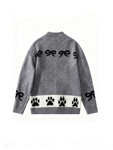Premium Grey Cute Black <strong>Cat</strong> and Bow Element Thick <strong>Cardigan</strong> for Women with Horn Buttons Autumn - Product Image 4