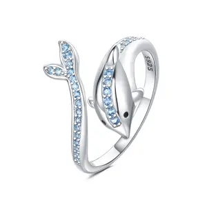 Stylish and unique marine animal jewelry rings 925 sterling silver blue sapphire dolphin open adjustable ring