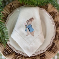 Serviettes en lin brodées à points festonnés, motif Peter Rabbit, écologiques, pour la décoration de table de fête à domicile au printemps