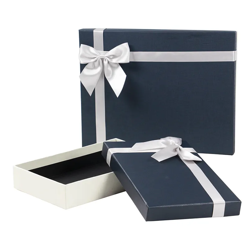 Custom Elegant Business Blue Gift Paper Box Exquisite Valentines Day Cosmetics Perfume Package Lid and Base Box with Ribbon Bow