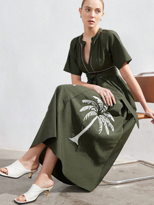 Vestido Casual Maxi de Verano 2025, Elegante, Bordado, Manga Corta, Cintura Natural, Verde Oscuro, 100% Algodón Tejido para Mujer - Product Image 6