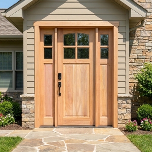 Puerta de Entrada Principal Tradicional con Arco, Fabricada en Madera de Teca y Caoba Maciza, con 4 Paneles de Vidrio y Luces Laterales - Product Image 5