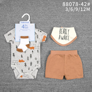 Set di 4 Pezzi Tedmimak in Cotone per Neonata <span class=keywords><strong>12</strong></span> <span class=keywords><strong>Mesi</strong></span>, Stampa Animalier/Floreale Stile Americano, Tutina Estiva a Maniche Corte con Bavaglino - Product Image 2