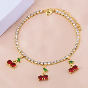 Flynee Jewelry Wholesales Hot Sale Custom Size Small Cherry Fruit Crystal Pendants Tennis Chain 18K Gold Girl Cherry Anklet