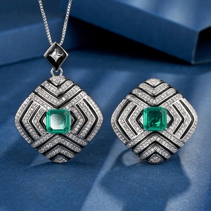 Fashion Eco-friendly Copper Retro 8*8MM Emerald Green Zircon Square Pendant <b>Earrings</b> Vintage Style Jewelry Set for Retro Glamour - Product Image 3