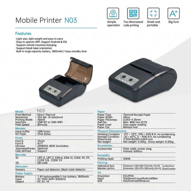 NORGEE OEM ODM Portable 58mm Handheld Wireless Mobile Phone Pocket Sticker Receipt Ticket Bill Mini Printer Direct Thermal Stock