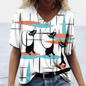 T-<span class=keywords><strong>shirt</strong></span> personnalisé pour <span class=keywords><strong>femme</strong></span>, imprimé <span class=keywords><strong>chat</strong></span> de dessin animé, manches courtes, col en V, mode Kawaii, décontracté, vêtements amusants pour chaton - Product Image 4