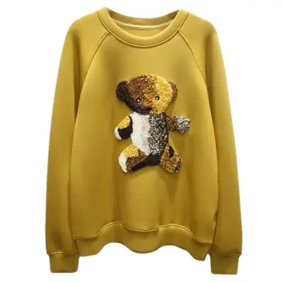 Chenille Embroidery Letters Animal Ladies Autumn Yellow Hoodie