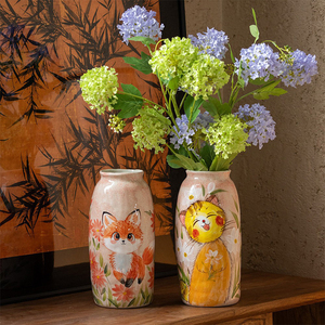 Cute Animal Ceramic <strong>Vase</strong> Set - Healing Fox &amp; <strong>Cat</strong> Pattern, Tabletop Flower <strong>Vase</strong> for Living Room Decor - Product Image 1