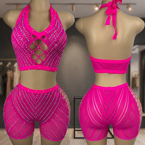 Conjunto de 2 piezas de ropa de baile exótica para salón de baile, traje de stripper de malla con agujeros grandes, cuello halter, cordón umbilical y pedrería (Spandex/Nylon) - Product Image 2