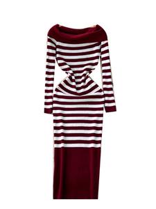 Robe midi moulante en maille pour femme - Col <span class=keywords><strong>carré</strong></span> épaules dénudées, taille empire côtelée, décontractée pour la nuit - Product Image 4