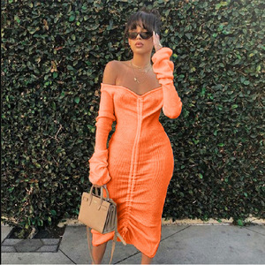 S-3XL off-spalla a <span class=keywords><strong>maniche</strong></span> <span class=keywords><strong>lunghe</strong></span> di media lunghezza con coulisse in tinta unita autunno e inverno nuovo <span class=keywords><strong>vestito</strong></span> da donna sexy - Product Image 4