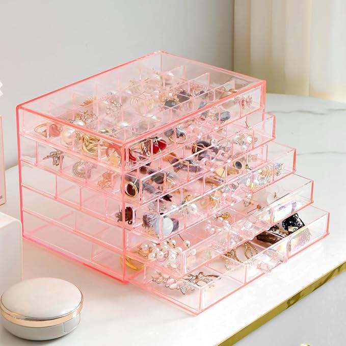 Organizador de joyas de acrílico transparente de cajones, caja