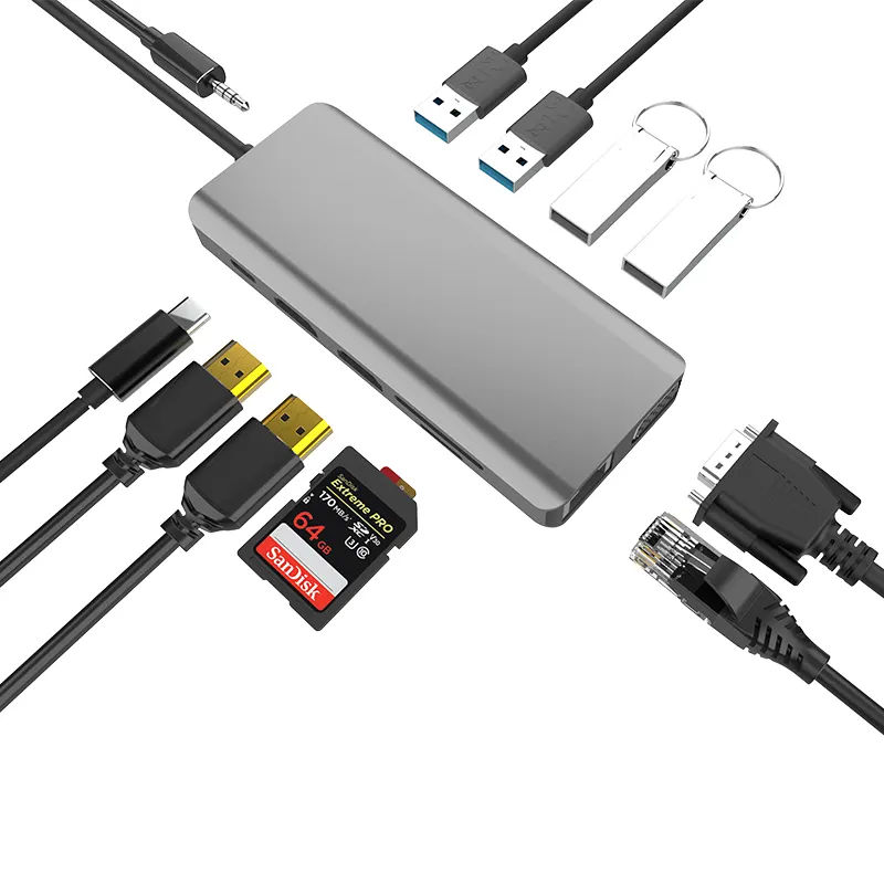 12 In 1 USB C Docking Station To 4K30Hz Gigabit Ethernet RJ 45 2*USB-A3.0/2.0 TF/SD P D Fast Charging Usb C Hub Adapter