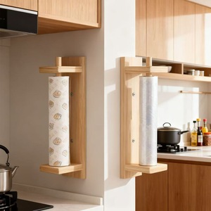 Wooden Wall Mounted Plastic Wrap Rack Rectangle Apricot Single Layer <b>Kitchen</b> Storage Organizer For Foil <b>Paper</b> Roll Holder - Product Image 1