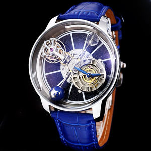 Reloj Mecánico para Hombre Estilo Astronomia Tourbillon con Esfera de Cielo Estrellado, Caja Plateada, Globo Terráqueo Giratorio y Correa de Cocodrilo Azul - Product Image 1