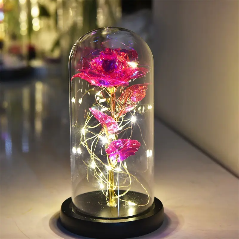 Capa de vidro folha de ouro para presente, decoração popular de 2024, galáxia rosa em vidro, flores com luzes, cúpula geodésica de vidro, ideal para presente