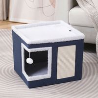 Maison-cave pour chat d'hiver, lits et meubles pour chat recouverts, avec tapis à gratter et tente de cachette