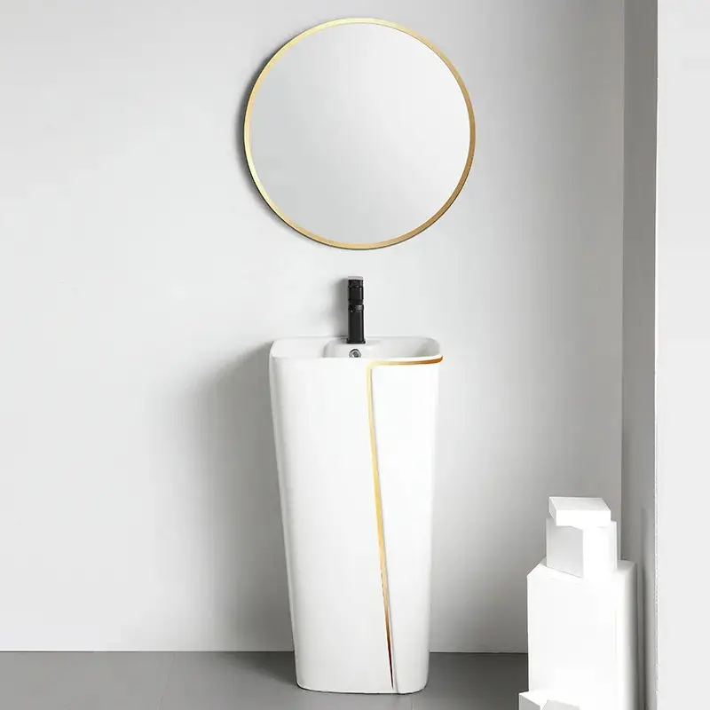 Lavabo moderno de cerámica blanca con pilar cuadrado, línea dorada, lavabo de baño de una pieza, lavabo de pedestal para manos