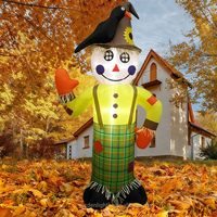 Épouvantail gonflable LED étanche personnalisé de 2,4 m avec chapeau tournesol et pantalon patchwork - Décoration de jardin et de festival d'automne pour Halloween