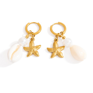 Boucles d'oreilles pendantes en forme d'étoile de mer, plaquées or 18 carats, en acier inoxydable, style océan, perle et coquillage, bijoux fantaisie - Product Image 5