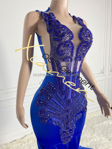 Vestido de Fiesta Largo de Gala con Cola de Barrido, Azul Real, Satinado, con Cuentas de Cristal, para Adolescentes, Quinceañeras - Product Image 4