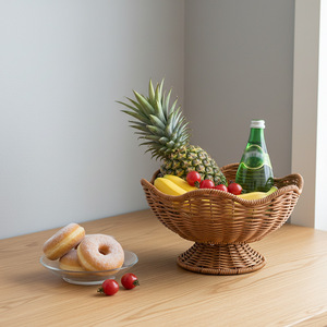 Panier à fruits en rotin synthétique Bobai, marron, forme polygonale, fait main, type sur pied, panier de rangement, plateau à collation pour la cuisine - Product Image 5