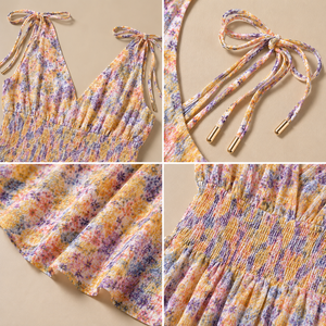 Wholesale Sweet Floral Print Woven Midi <b>Dress</b> V-Neck Spaghetti <b>Strap</b> A-Line Elastic Waist Summer Casual OEM ODM - Product Image 3