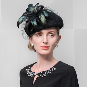 KDS1117124 Chapeau haut de forme en peluche britannique, nouveau modèle automne/hiver, design original, tendance, rétro, avec ceinture en maille et plumes décoratives, en pur laine - Product Image 3