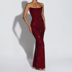 Gaun Maxi Wanita Formal Pesta Malam Berkualitas Tinggi Grosir, Model Kerah Tanduk Tanpa Tali Bertabur Rhinestone Mewah dengan Tali di Belakang - Product Image 3