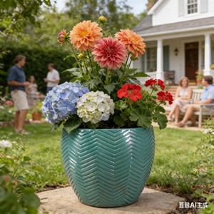 American Style Ceramic <b>Flower</b> <b>Pot</b> Planter Glossy Teal Chevron Embossed Texture Eco-Friendly Drainage Hole <b>for</b> Indoor/<b>Outdoor</b> - Product Image 4