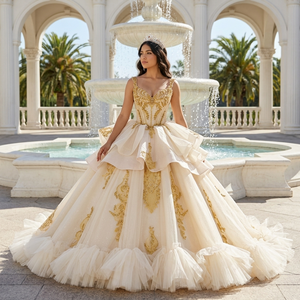 1386 Elegantes Vestidos de Quinceañera con Encaje Dorado Champán, Perlas y Volantes para Chicas - Product Image 1